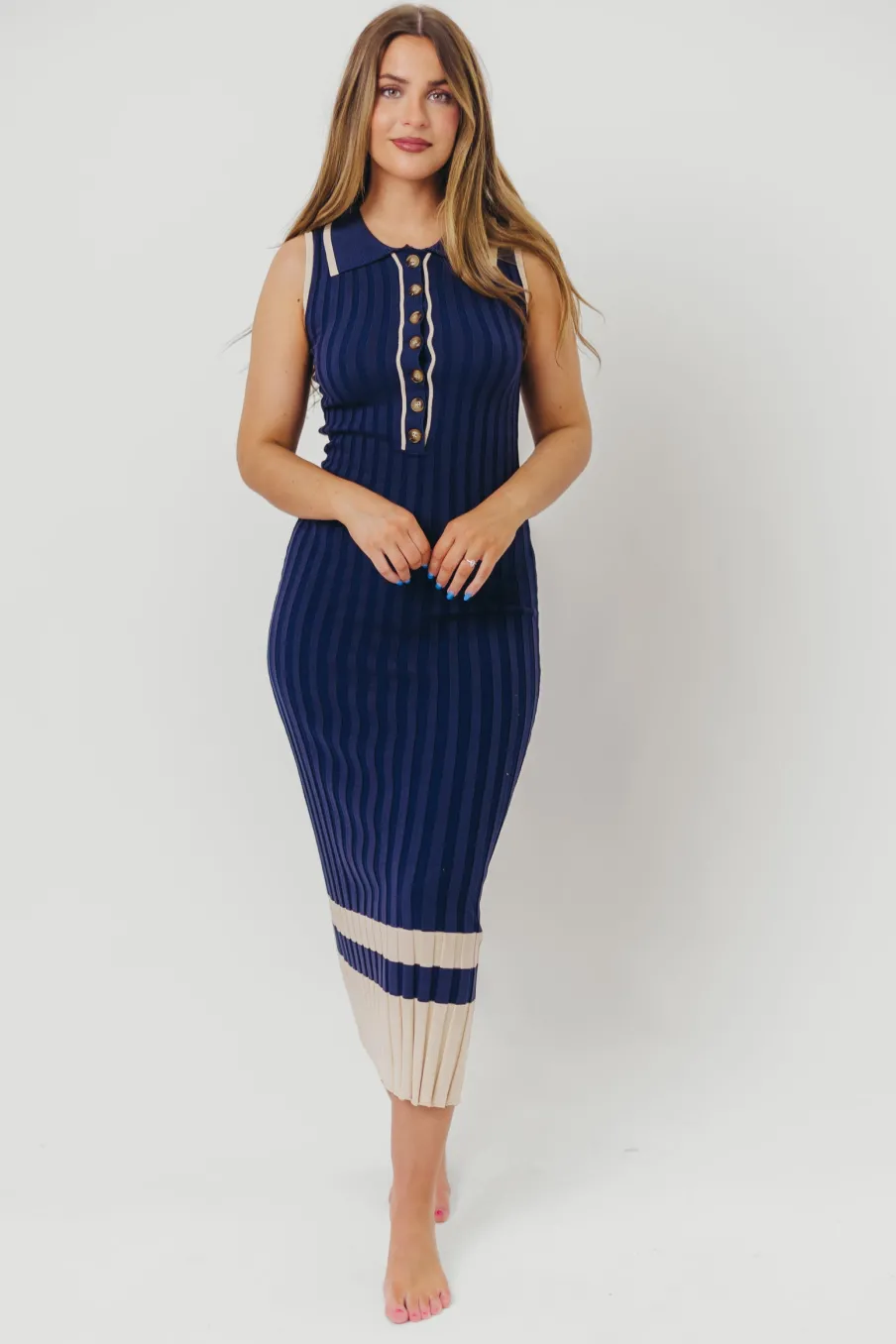 Clearance Worth Collective Jovie Sleeveless Ribbed Maxi Dress with Buttons in Navy