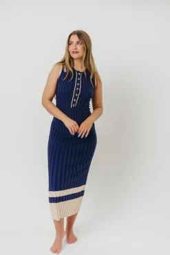 Clearance Worth Collective Jovie Sleeveless Ribbed Maxi Dress with Buttons in Navy