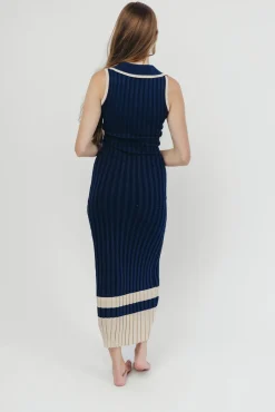 Clearance Worth Collective Jovie Sleeveless Ribbed Maxi Dress with Buttons in Navy