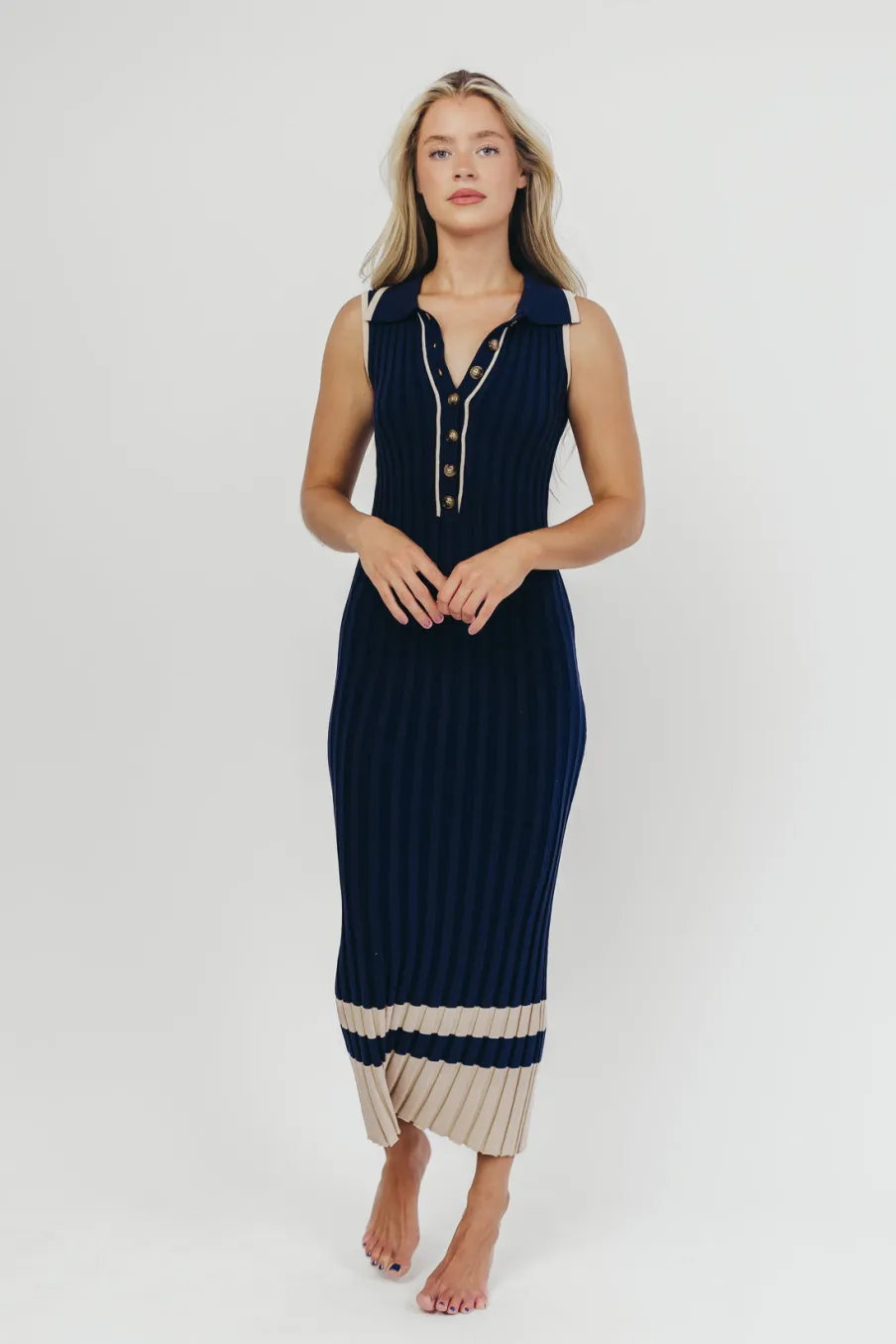 Clearance Worth Collective Jovie Sleeveless Ribbed Maxi Dress with Buttons in Navy