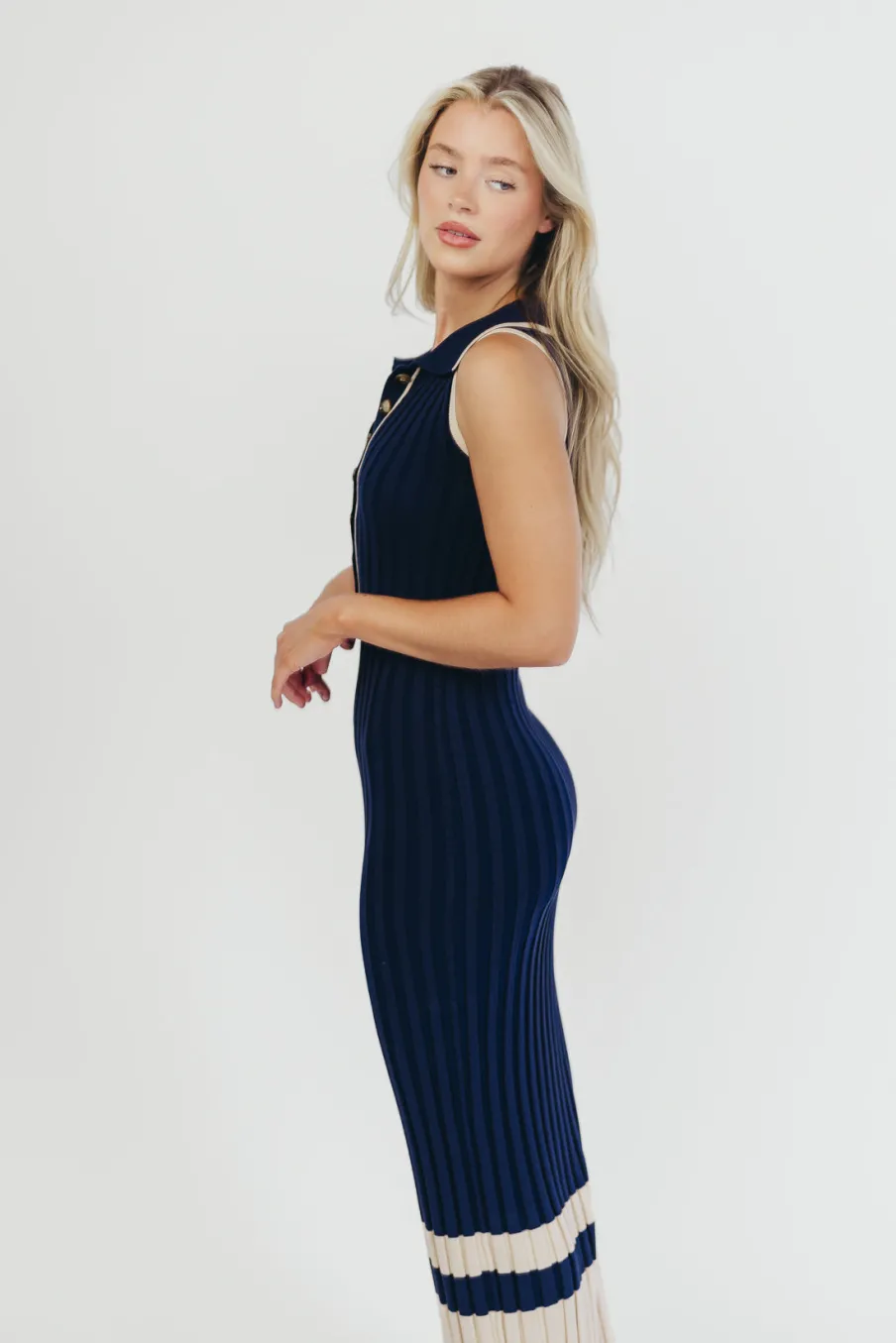 Clearance Worth Collective Jovie Sleeveless Ribbed Maxi Dress with Buttons in Navy