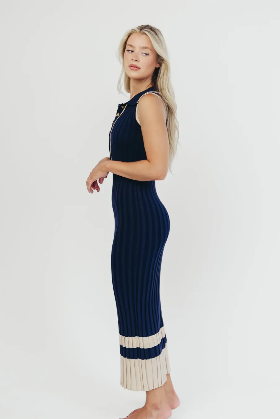 Clearance Worth Collective Jovie Sleeveless Ribbed Maxi Dress with Buttons in Navy