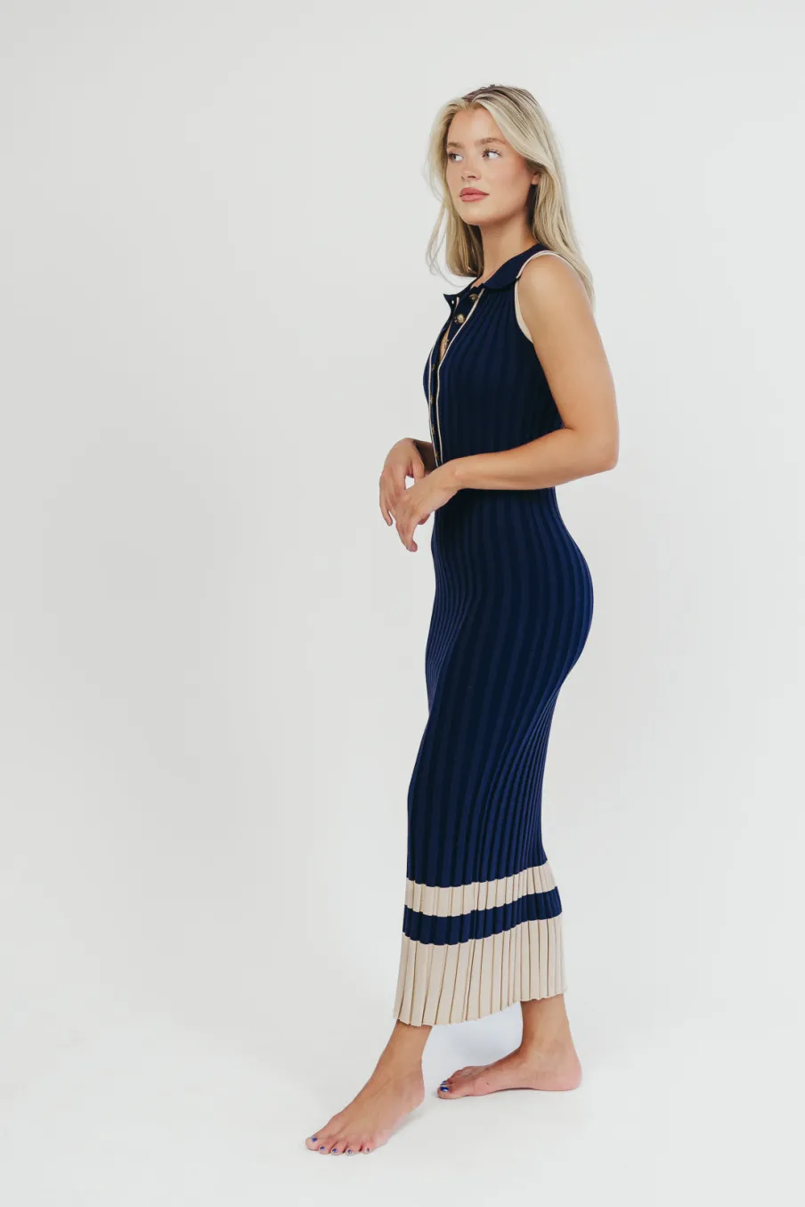 Clearance Worth Collective Jovie Sleeveless Ribbed Maxi Dress with Buttons in Navy