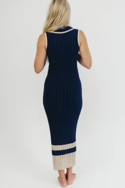 Clearance Worth Collective Jovie Sleeveless Ribbed Maxi Dress with Buttons in Navy