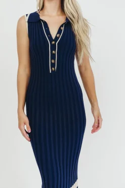 Clearance Worth Collective Jovie Sleeveless Ribbed Maxi Dress with Buttons in Navy