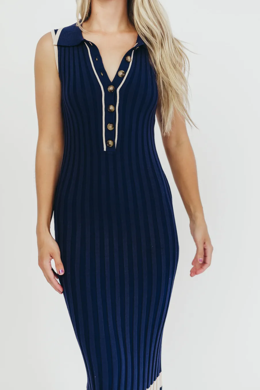 Clearance Worth Collective Jovie Sleeveless Ribbed Maxi Dress with Buttons in Navy