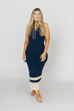 Clearance Worth Collective Jovie Sleeveless Ribbed Maxi Dress with Buttons in Navy