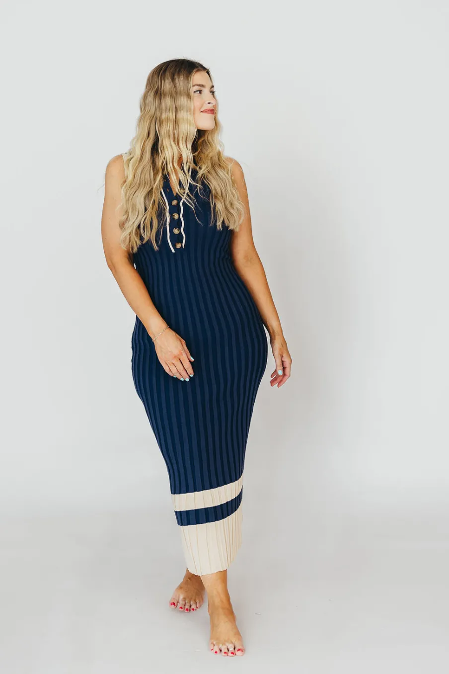 Clearance Worth Collective Jovie Sleeveless Ribbed Maxi Dress with Buttons in Navy