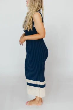 Clearance Worth Collective Jovie Sleeveless Ribbed Maxi Dress with Buttons in Navy