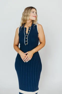 Clearance Worth Collective Jovie Sleeveless Ribbed Maxi Dress with Buttons in Navy