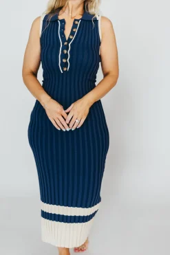 Clearance Worth Collective Jovie Sleeveless Ribbed Maxi Dress with Buttons in Navy