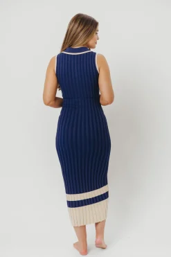 Clearance Worth Collective Jovie Sleeveless Ribbed Maxi Dress with Buttons in Navy
