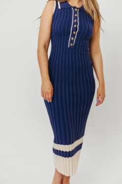 Clearance Worth Collective Jovie Sleeveless Ribbed Maxi Dress with Buttons in Navy