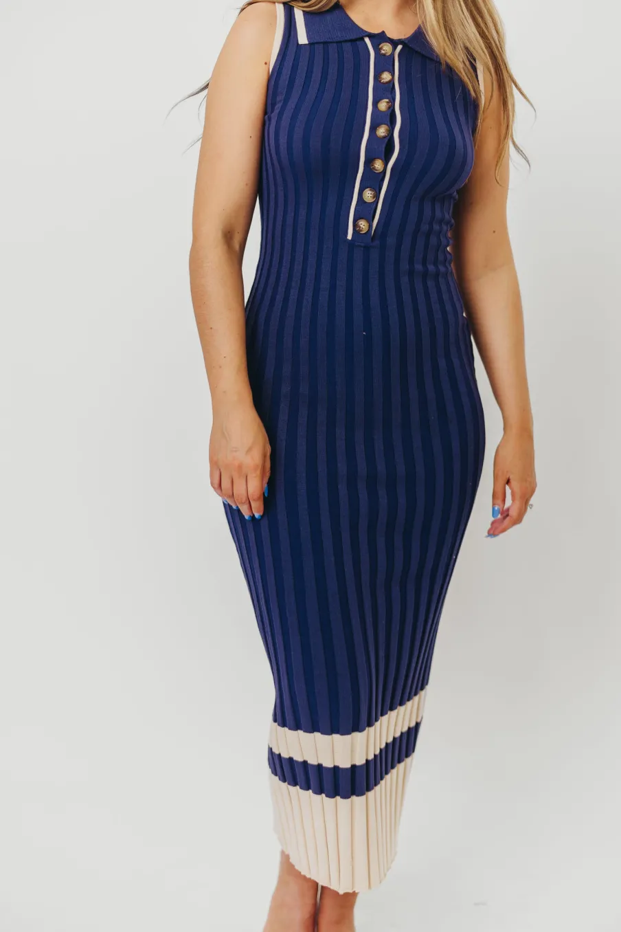 Clearance Worth Collective Jovie Sleeveless Ribbed Maxi Dress with Buttons in Navy