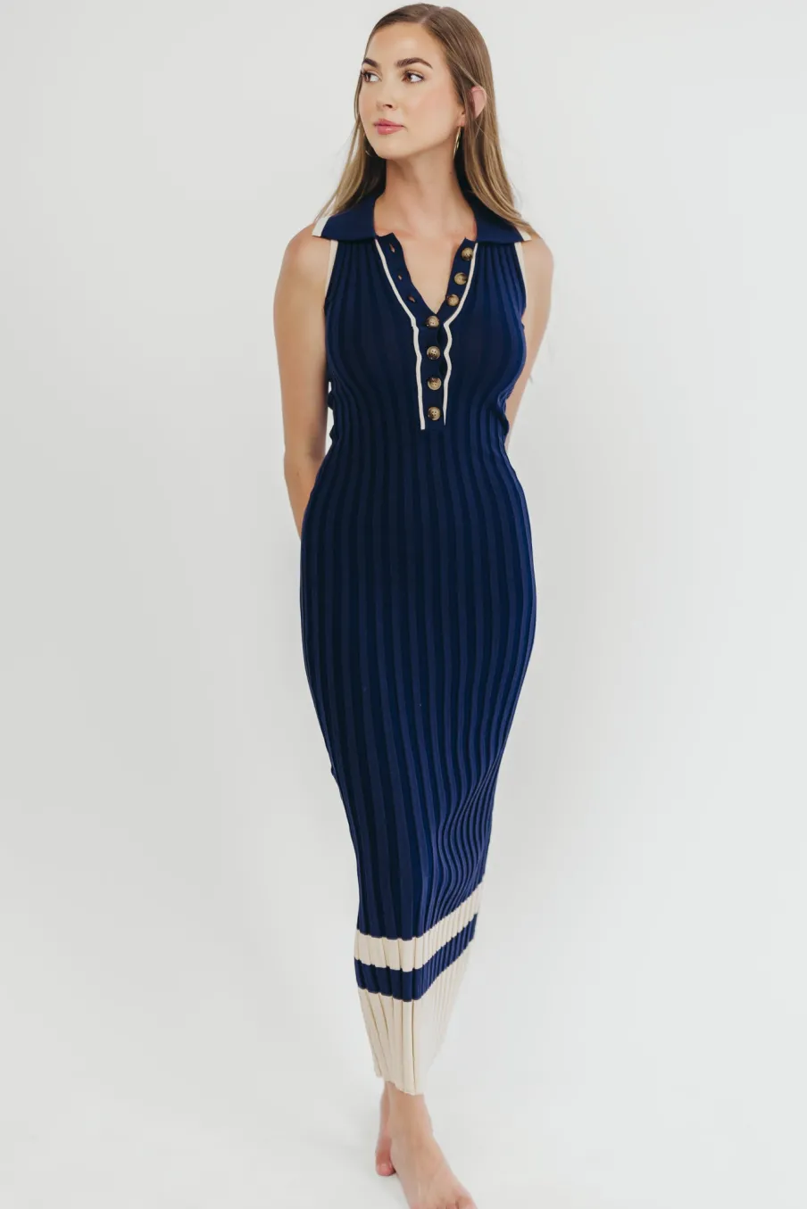 Clearance Worth Collective Jovie Sleeveless Ribbed Maxi Dress with Buttons in Navy