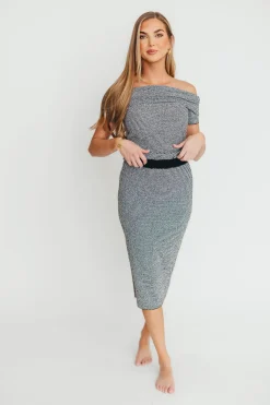 Discount Worth Collective Kaia Off-Shoulder Top and Skirt Set in Black/White Stripe