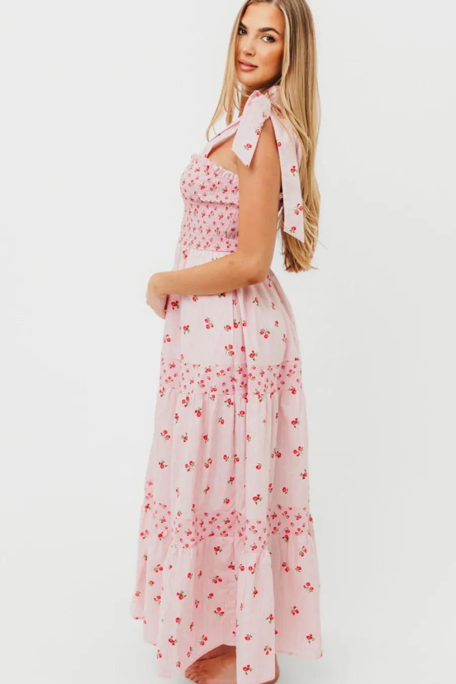 Clearance Worth Collective Kathryn Tie Shoulder Maxi Dress in Pink/Red Floral