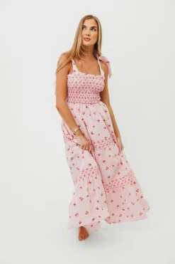 Clearance Worth Collective Kathryn Tie Shoulder Maxi Dress in Pink/Red Floral