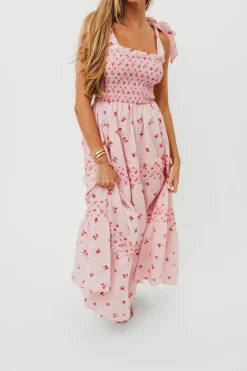 Clearance Worth Collective Kathryn Tie Shoulder Maxi Dress in Pink/Red Floral
