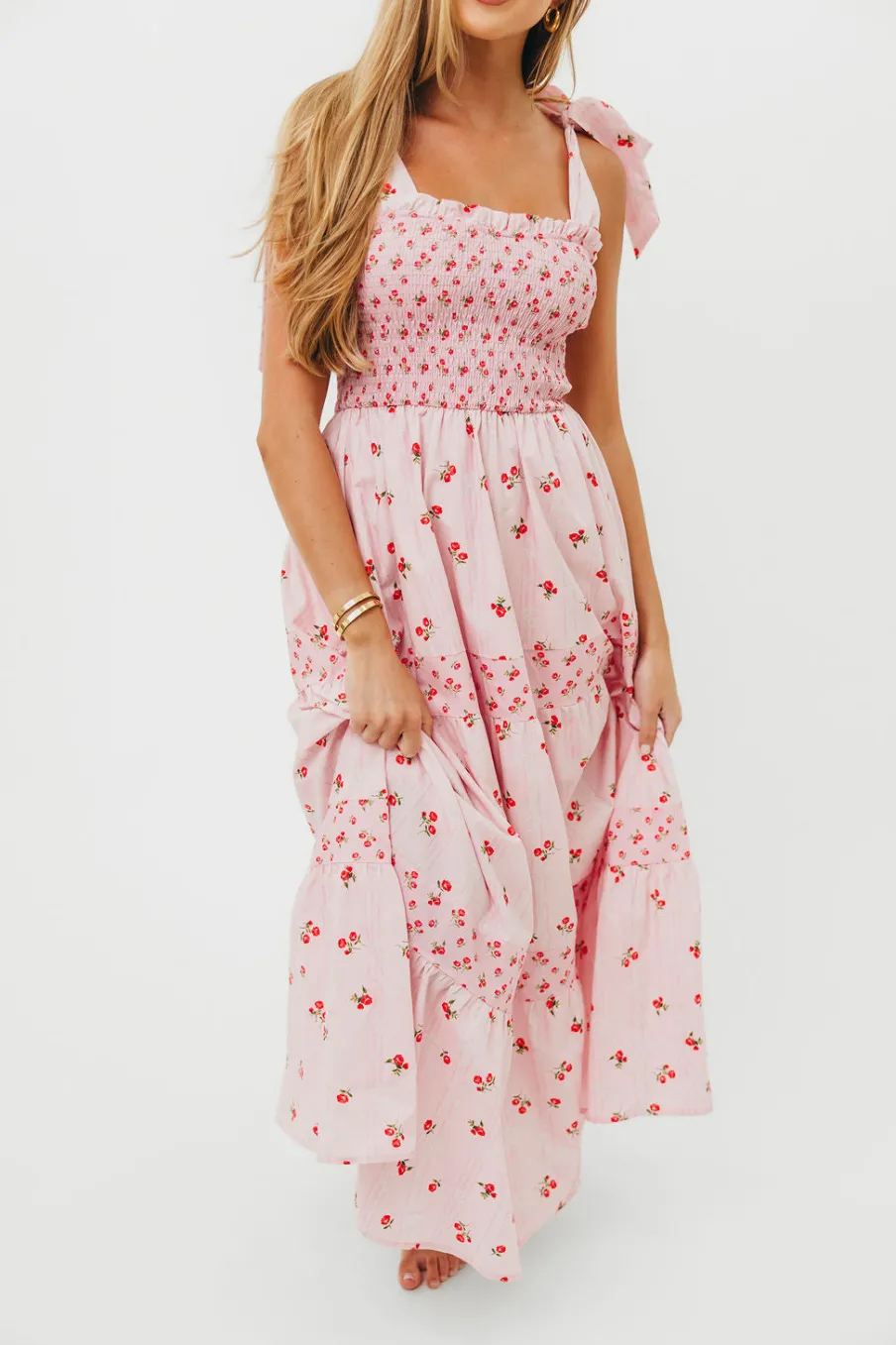 Clearance Worth Collective Kathryn Tie Shoulder Maxi Dress in Pink/Red Floral