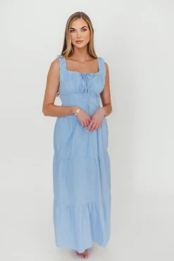 Best Worth Collective Katie 100% Cotton Maxi Dress in Blue Stripe