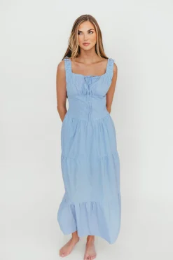 Best Worth Collective Katie 100% Cotton Maxi Dress in Blue Stripe