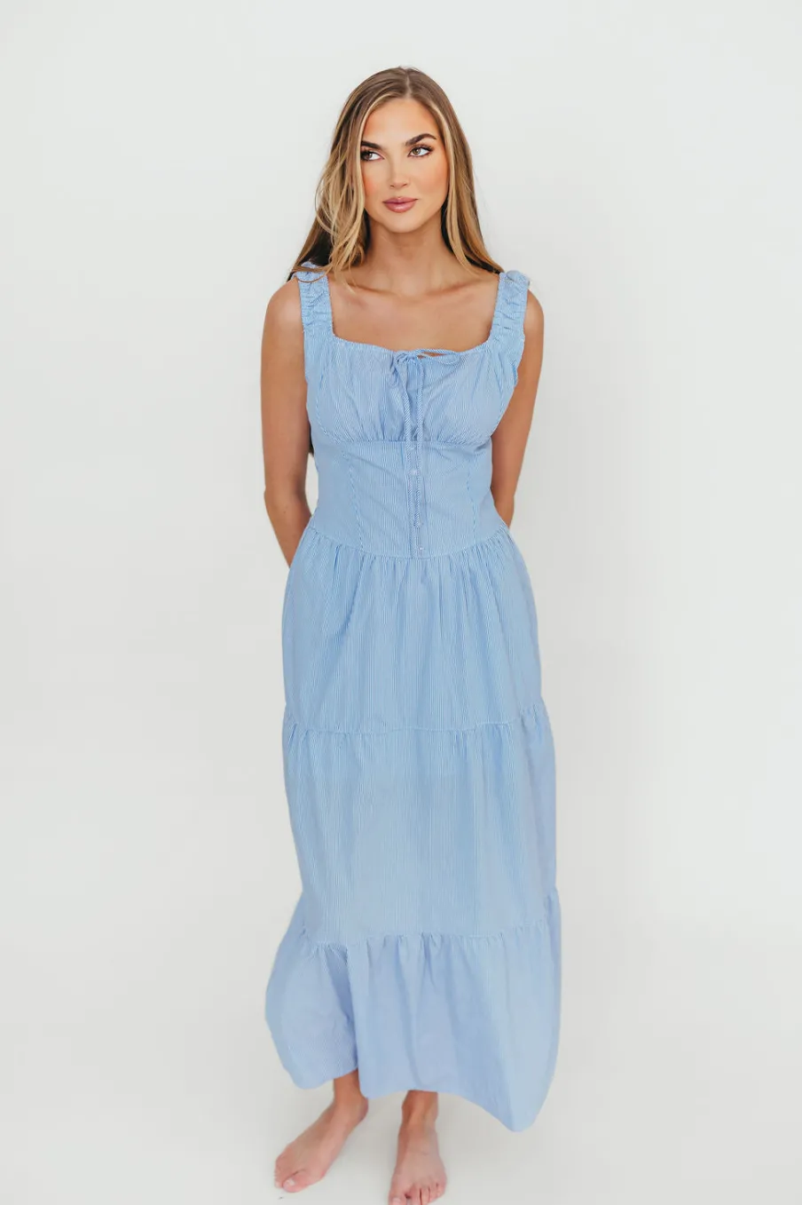 Best Worth Collective Katie 100% Cotton Maxi Dress in Blue Stripe