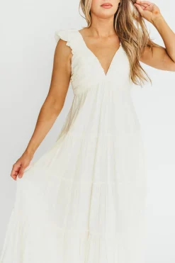 Online Worth Collective Katy Pleated Bodice Midi Dress in Cream - Bump Friendly