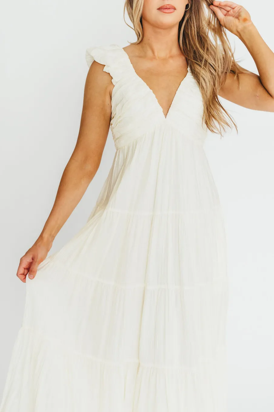 Online Worth Collective Katy Pleated Bodice Midi Dress in Cream - Bump Friendly