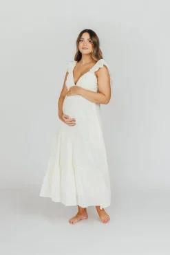 Online Worth Collective Katy Pleated Bodice Midi Dress in Cream - Bump Friendly