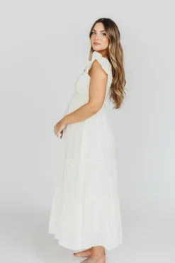 Online Worth Collective Katy Pleated Bodice Midi Dress in Cream - Bump Friendly