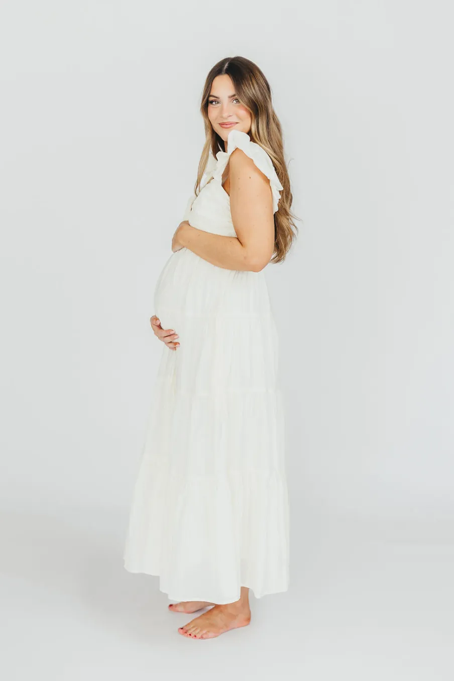 Online Worth Collective Katy Pleated Bodice Midi Dress in Cream - Bump Friendly