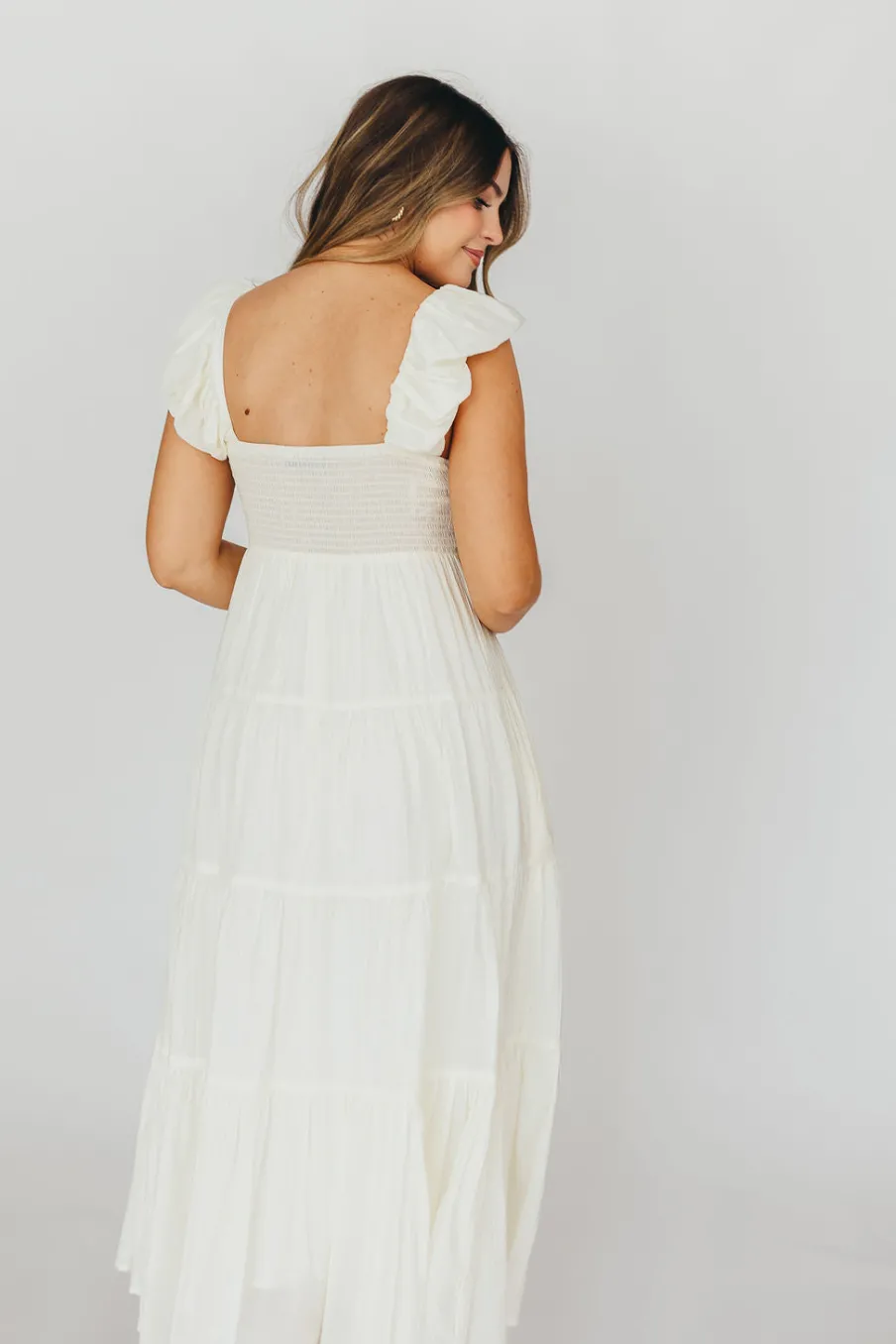 Online Worth Collective Katy Pleated Bodice Midi Dress in Cream - Bump Friendly
