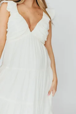 Online Worth Collective Katy Pleated Bodice Midi Dress in Cream - Bump Friendly