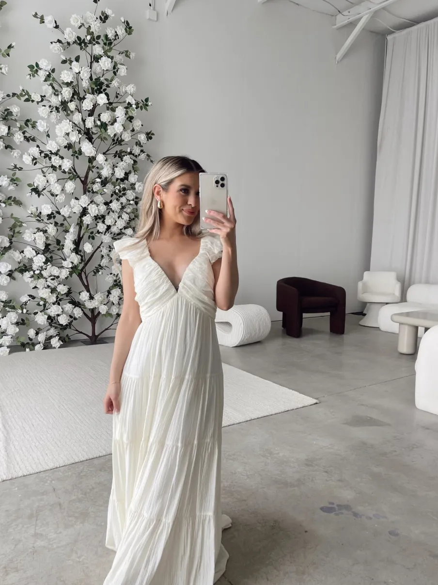 Online Worth Collective Katy Pleated Bodice Midi Dress in Cream - Bump Friendly