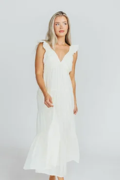 Online Worth Collective Katy Pleated Bodice Midi Dress in Cream - Bump Friendly