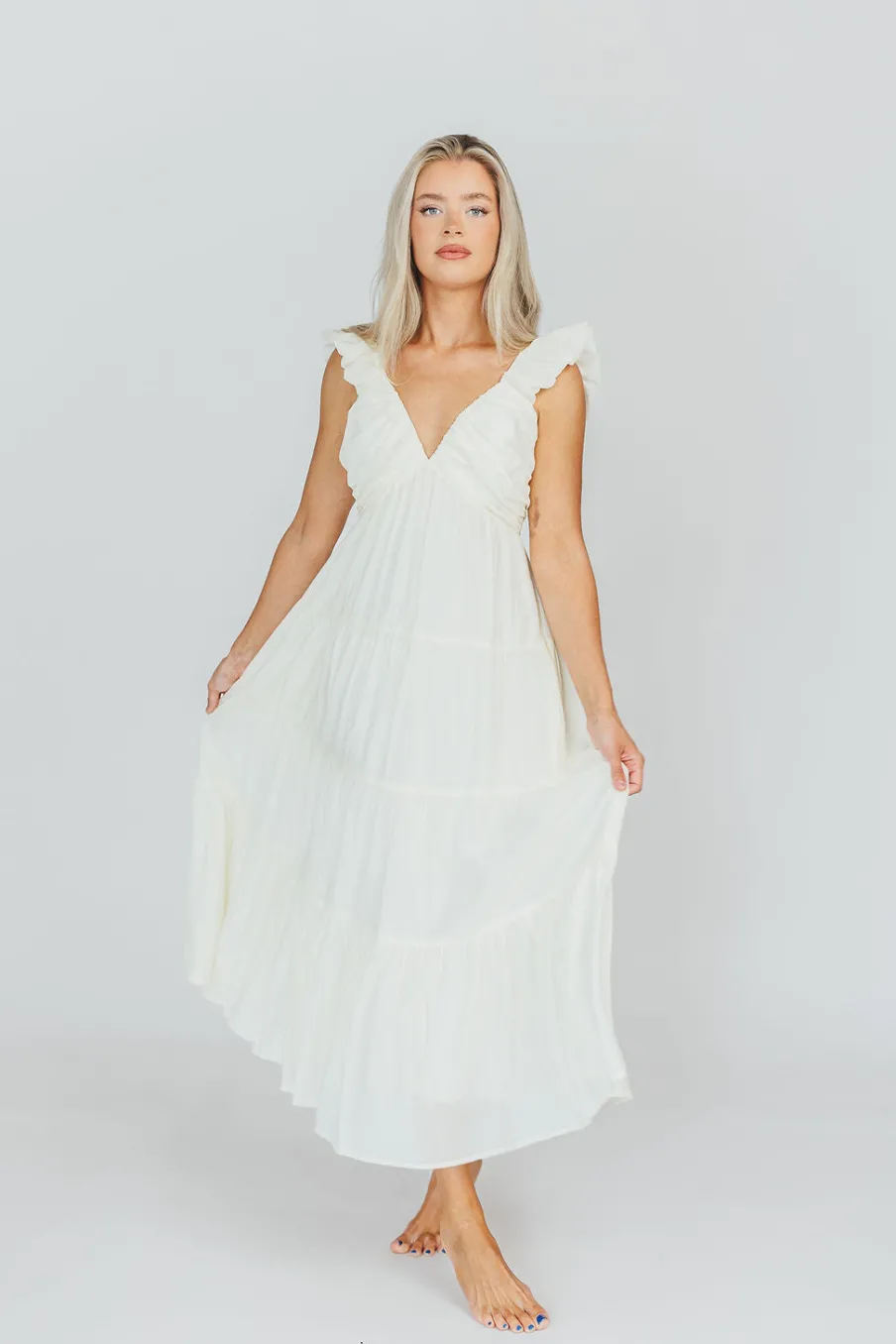 Online Worth Collective Katy Pleated Bodice Midi Dress in Cream - Bump Friendly