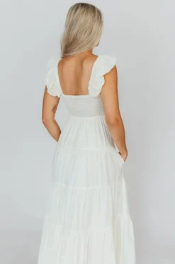 Online Worth Collective Katy Pleated Bodice Midi Dress in Cream - Bump Friendly