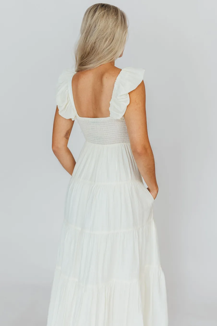 Online Worth Collective Katy Pleated Bodice Midi Dress in Cream - Bump Friendly