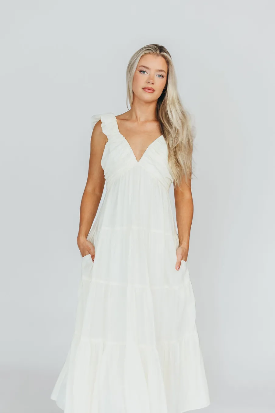 Online Worth Collective Katy Pleated Bodice Midi Dress in Cream - Bump Friendly