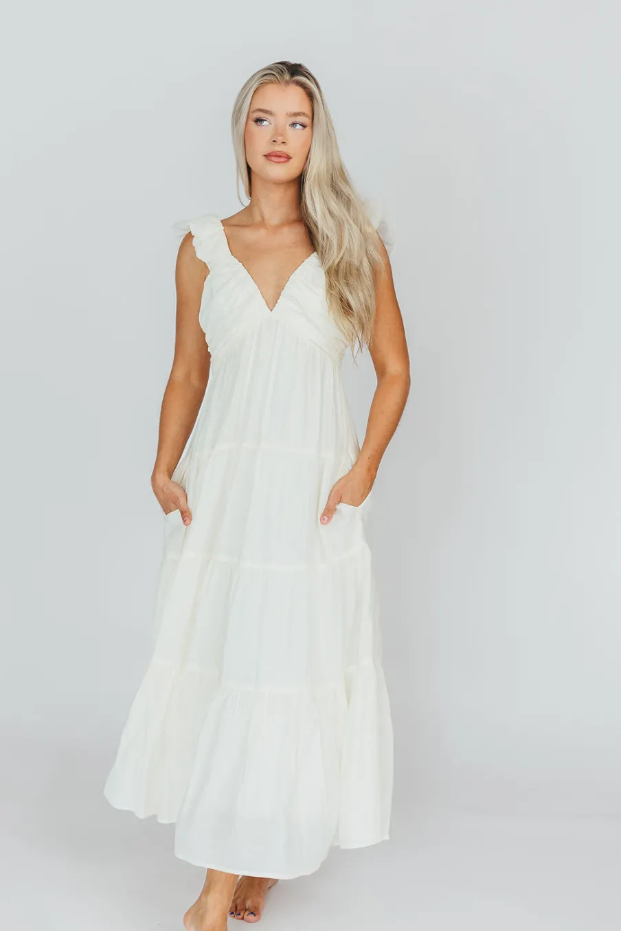 Online Worth Collective Katy Pleated Bodice Midi Dress in Cream - Bump Friendly