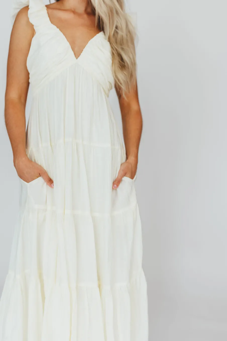 Online Worth Collective Katy Pleated Bodice Midi Dress in Cream - Bump Friendly