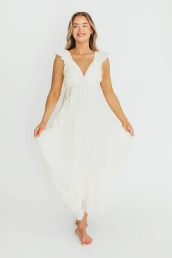 Online Worth Collective Katy Pleated Bodice Midi Dress in Cream - Bump Friendly