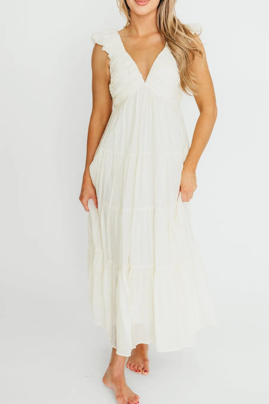 Online Worth Collective Katy Pleated Bodice Midi Dress in Cream - Bump Friendly
