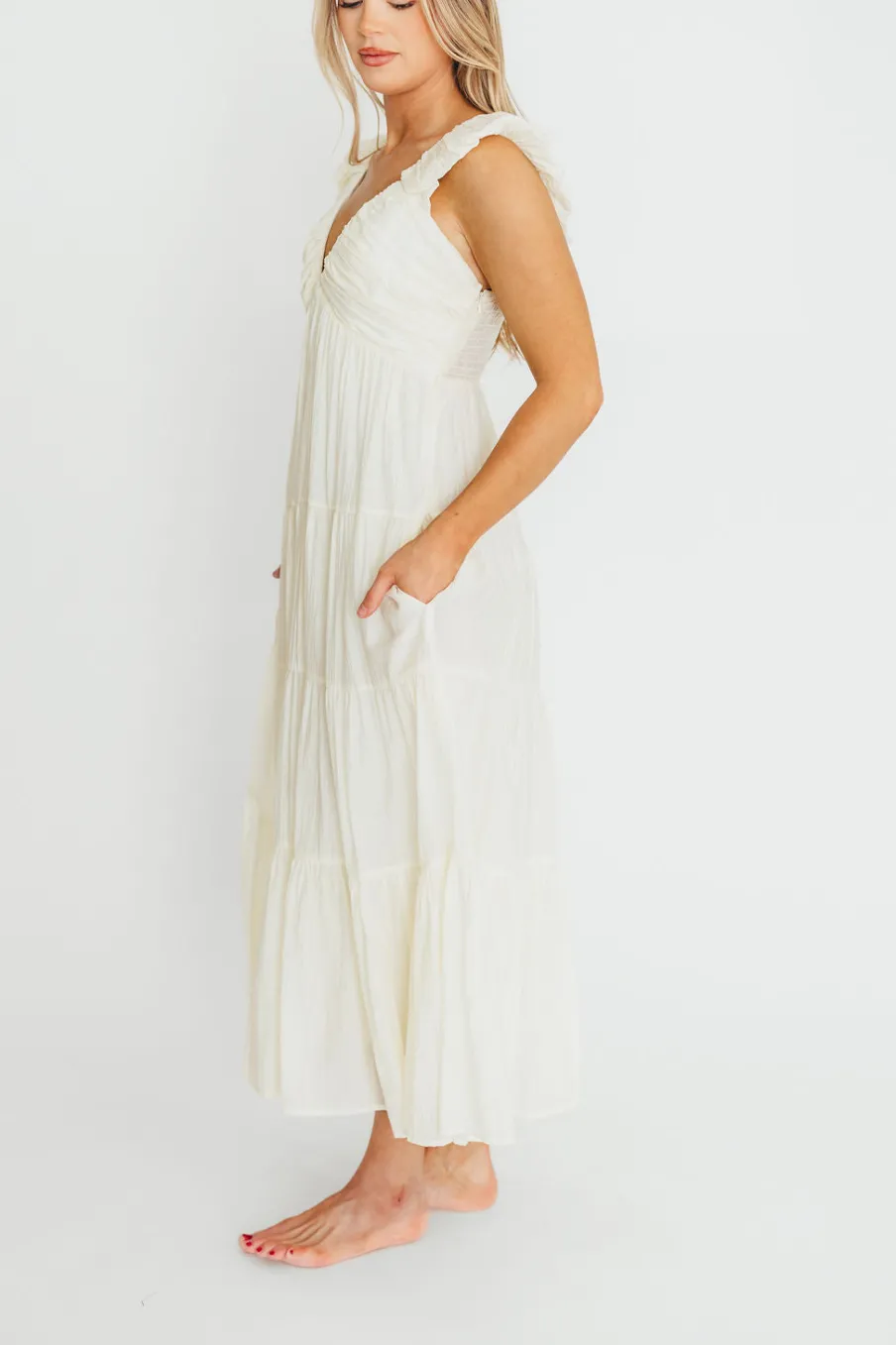 Online Worth Collective Katy Pleated Bodice Midi Dress in Cream - Bump Friendly