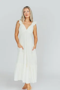 Online Worth Collective Katy Pleated Bodice Midi Dress in Cream - Bump Friendly