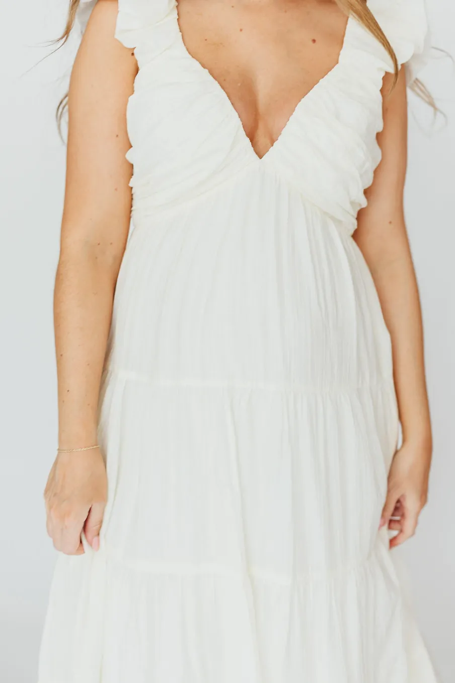 Online Worth Collective Katy Pleated Bodice Midi Dress in Cream - Bump Friendly