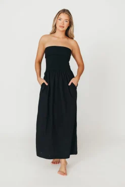 Fashion Worth Collective Kaylee Linen and Ribbed Knit Maxi Dress in Black