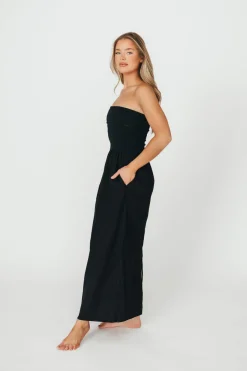 Fashion Worth Collective Kaylee Linen and Ribbed Knit Maxi Dress in Black