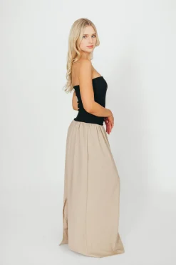 Outlet Worth Collective Kaylee Linen and Ribbed Knit Maxi Dress in Black/Tan